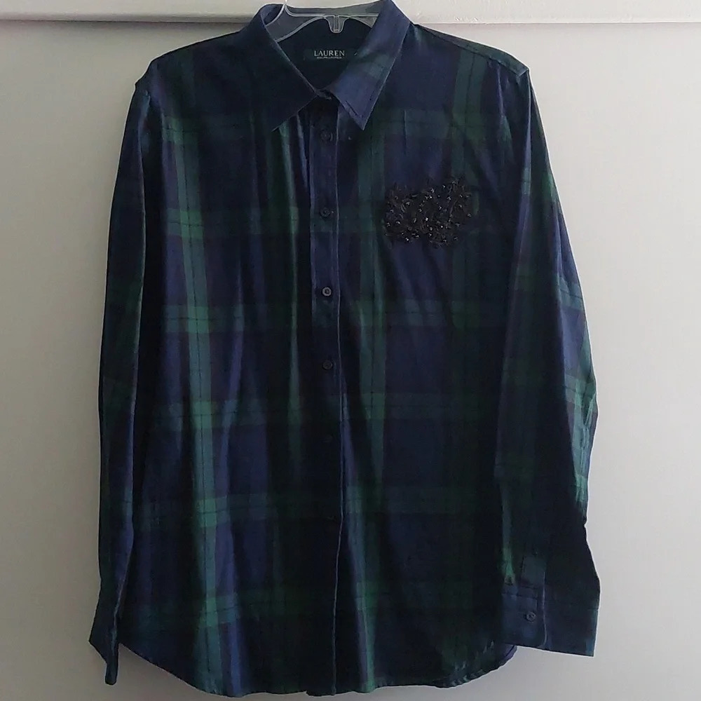 Lauren Ralph Lauren Tartan Plaid Button up women's Flannel Cotton shirt Nwot XL